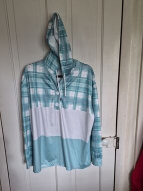 Plaid Hooded Pullover - Aqua & White